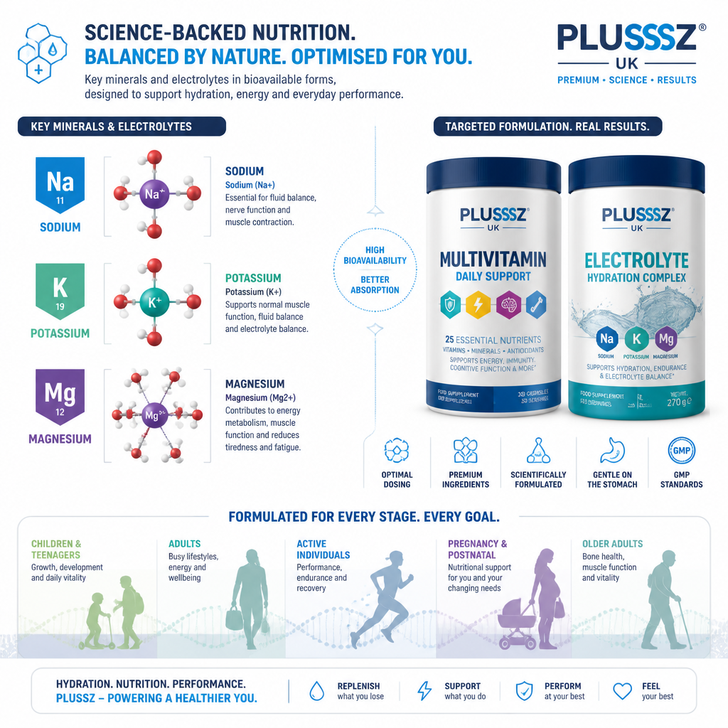 Scientific visualization of specialized supplement formulas showing key minerals and electrolytes