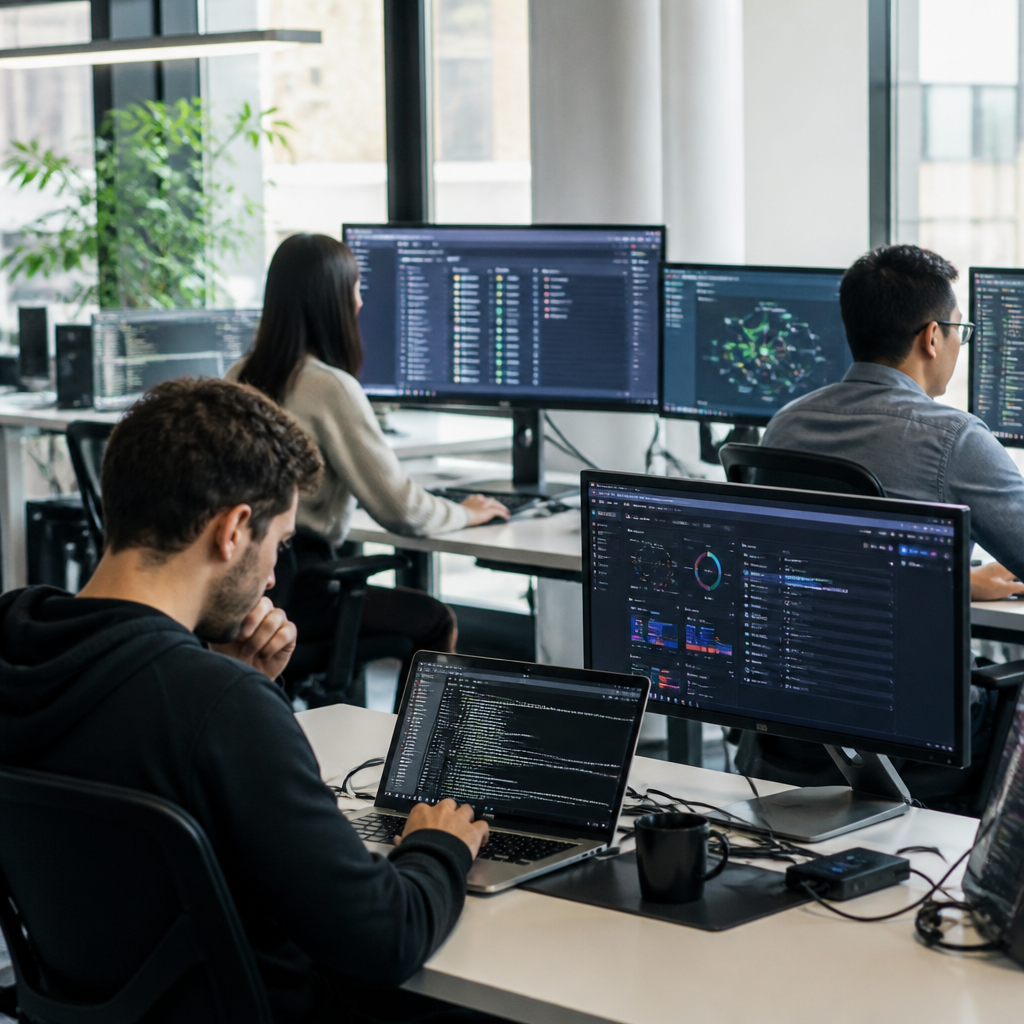 Startup team managing IT infrastructure across multiple workstations in a modern office