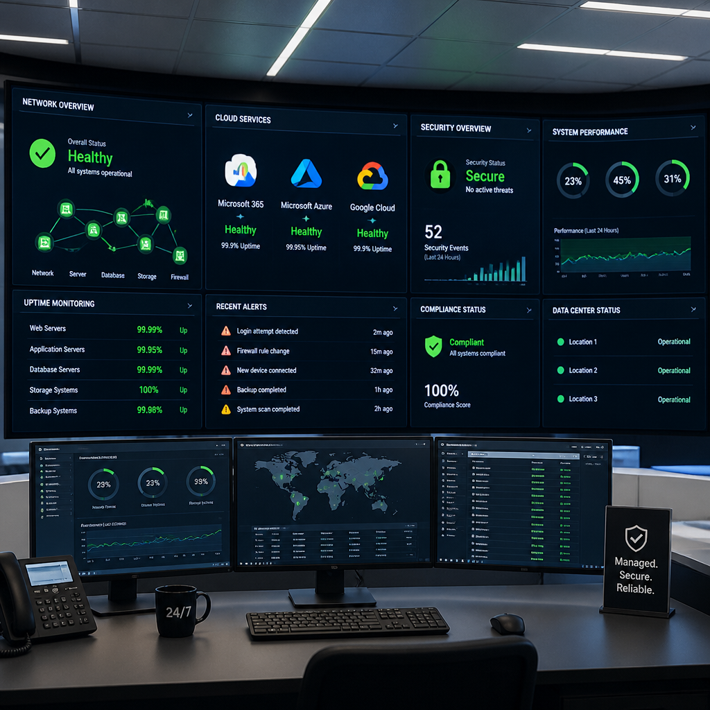 Professional IT monitoring dashboard showing network health and security metrics