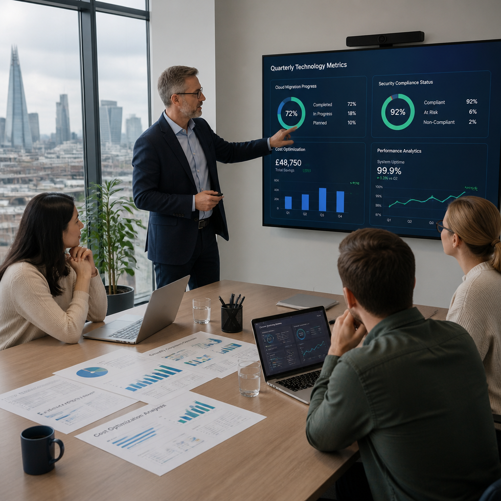 Business leaders reviewing quarterly IT performance metrics with an IT consultant