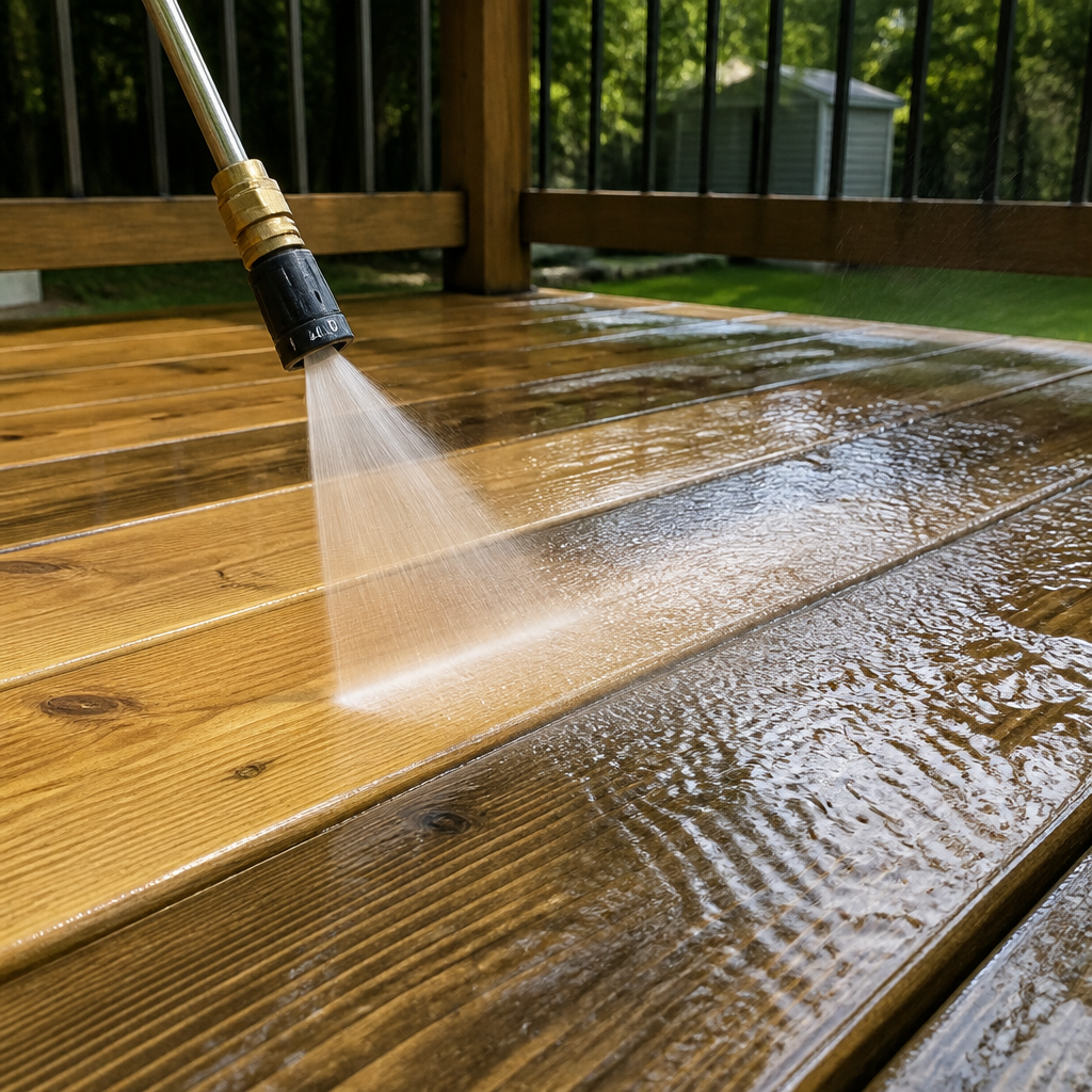 Wood deck power washing technique with controlled PSI and 40-degree nozzle hitting deck boards at safe angle