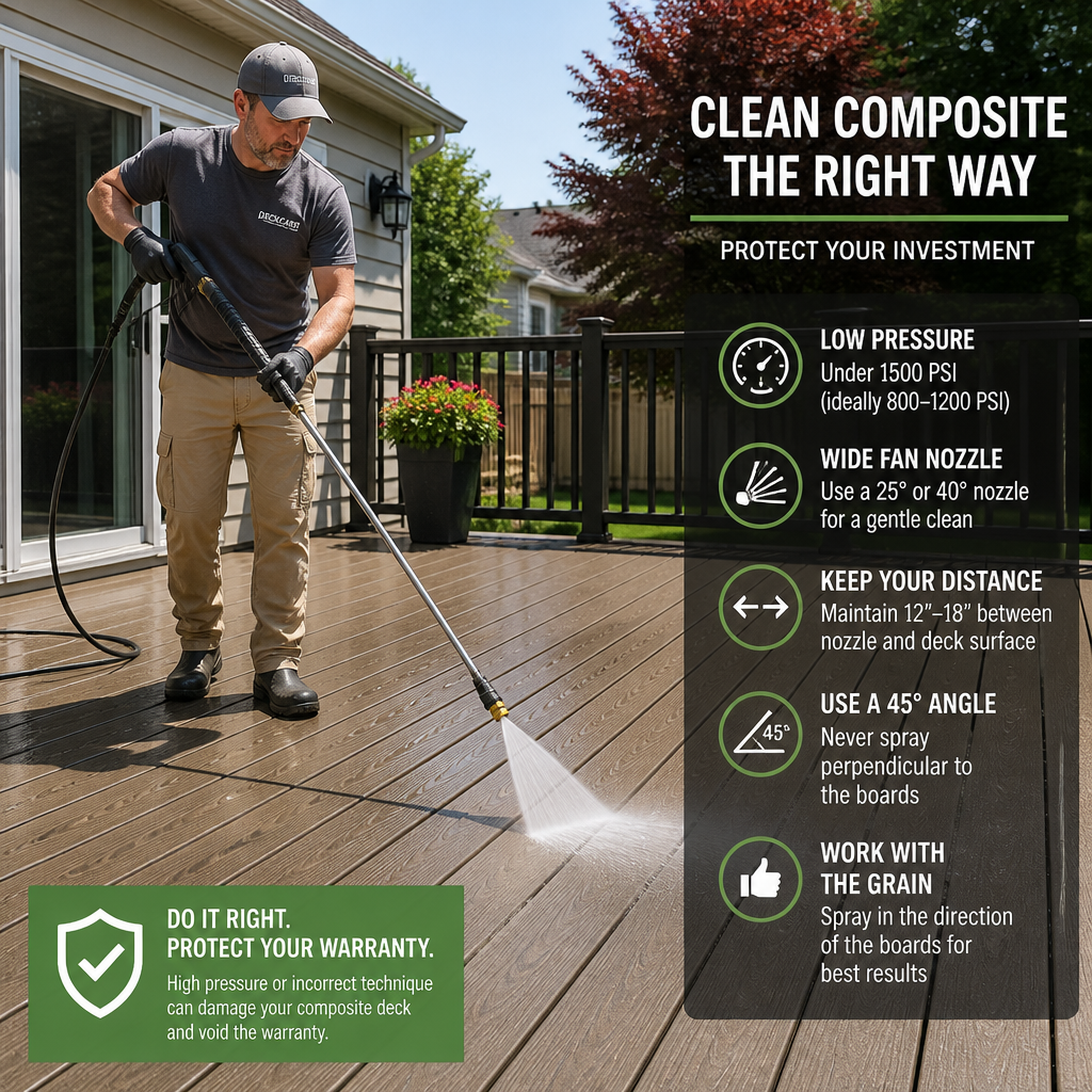 Composite deck receiving gentle pressure washing at low PSI with proper nozzle technique to preserve warranty