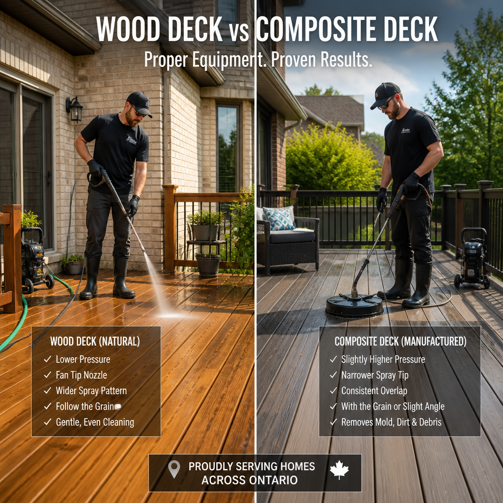 Wood and composite residential decks shown with different power washing techniques appropriate to each material type