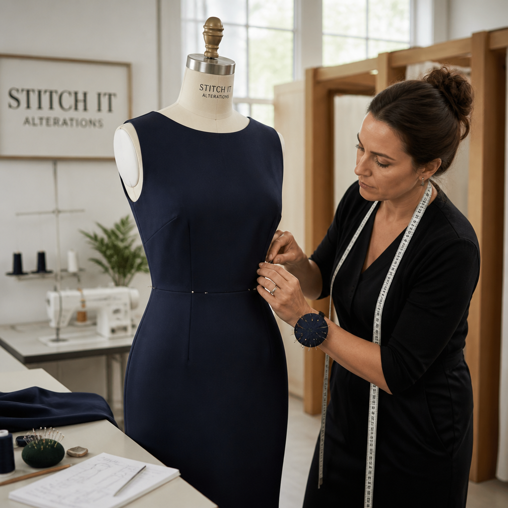 Professional tailor carefully pinning and measuring dress alterations on a dress form in a well-lit alteration shop