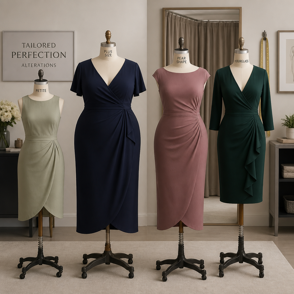 Display of four dress forms showing tailored dresses fitted to different body shapes and sizes