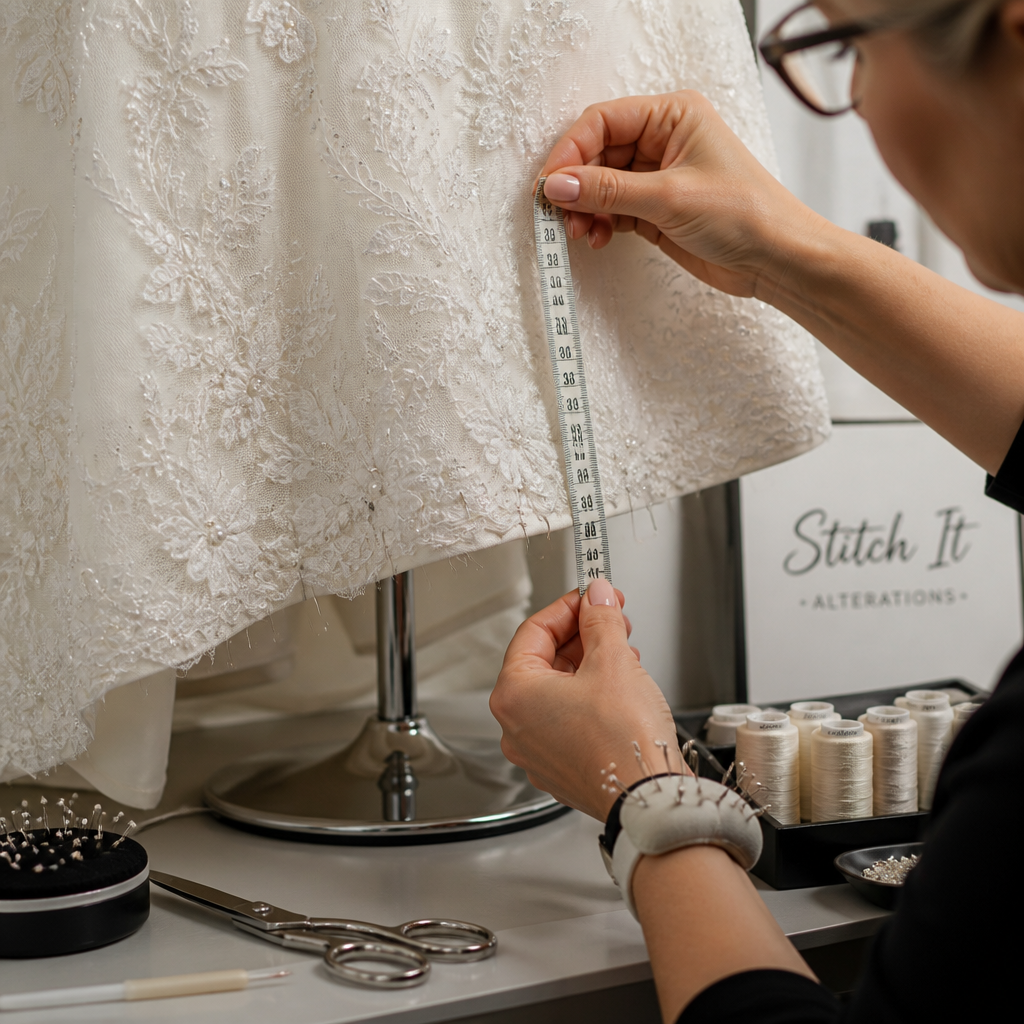 Close-up of seamstress measuring and pinning wedding dress hem with professional alteration tools and techniques