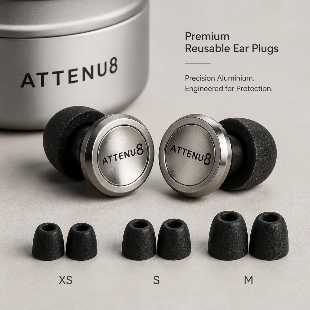 ATTENU8 metal reusable ear plugs with multiple foam tip sizes displayed