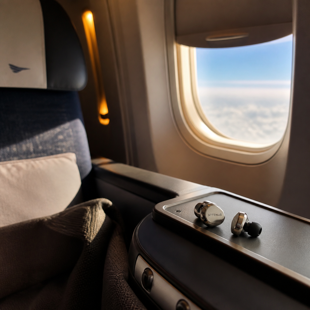 ATTENU8 ear plugs positioned at airplane seat during flight