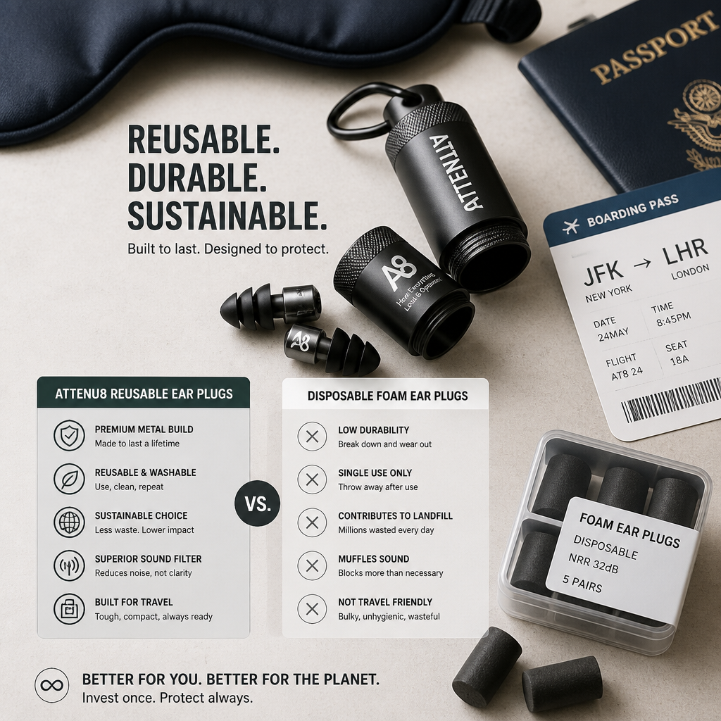ATTENU8 reusable ear plugs displayed with travel essentials in flat lay