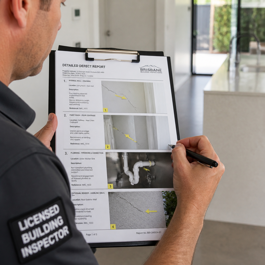 Building inspector reviewing a defect report with annotated photos of construction issues