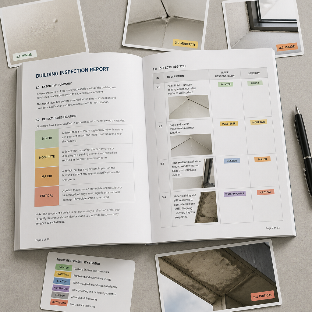Overhead view of building inspection report showing defect categories and severity classifications