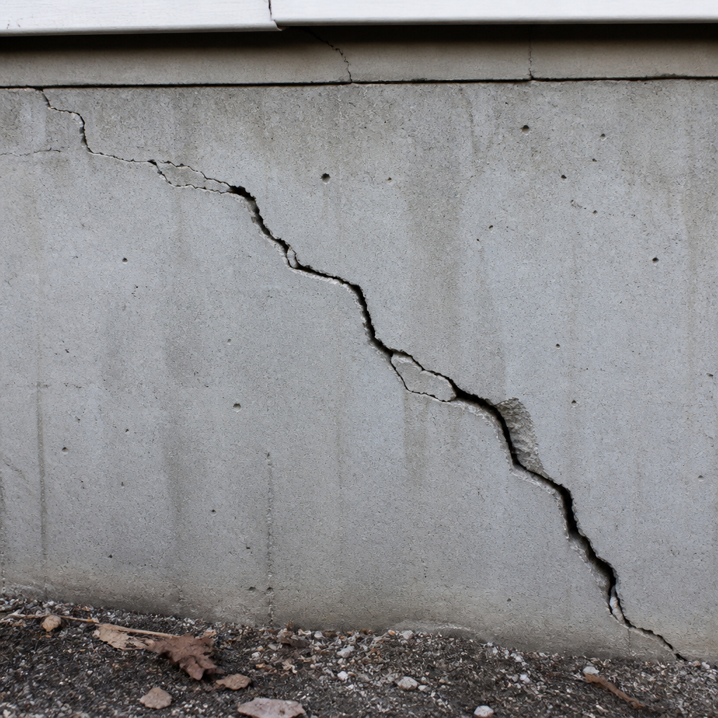 Fissure structurelle diagonale sur mur de fondation en béton