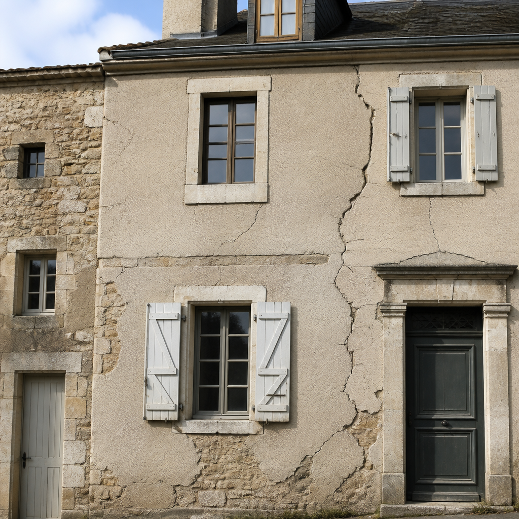 Façade résidentielle avec fissures et désordres structurels caractéristiques