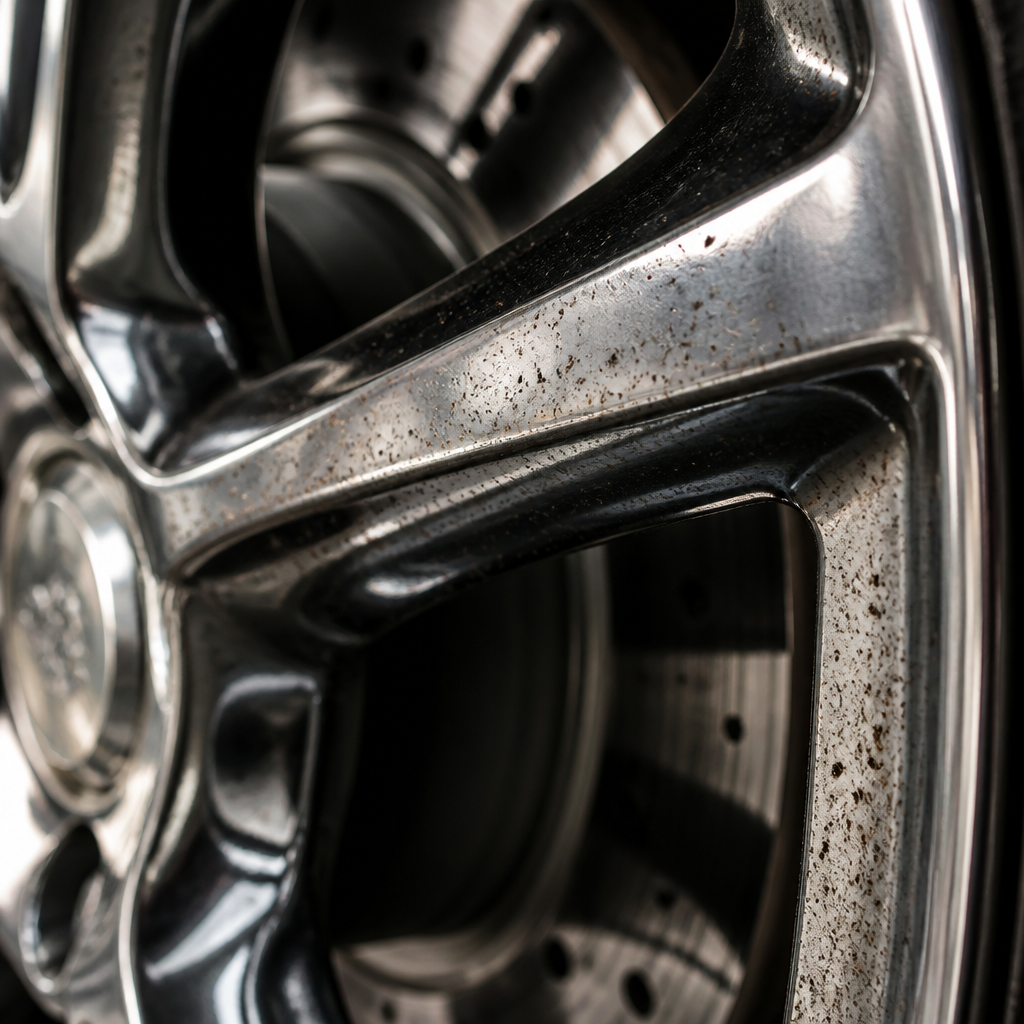 Macro view of luxury wheel rim with embedded brake dust and iron particles