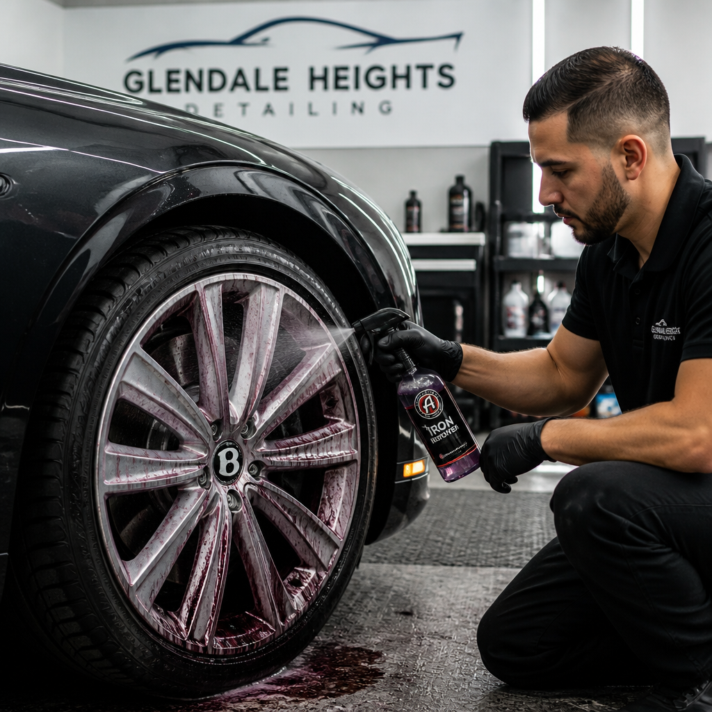 Detailer applying decontamination product to remove brake dust from luxury wheel