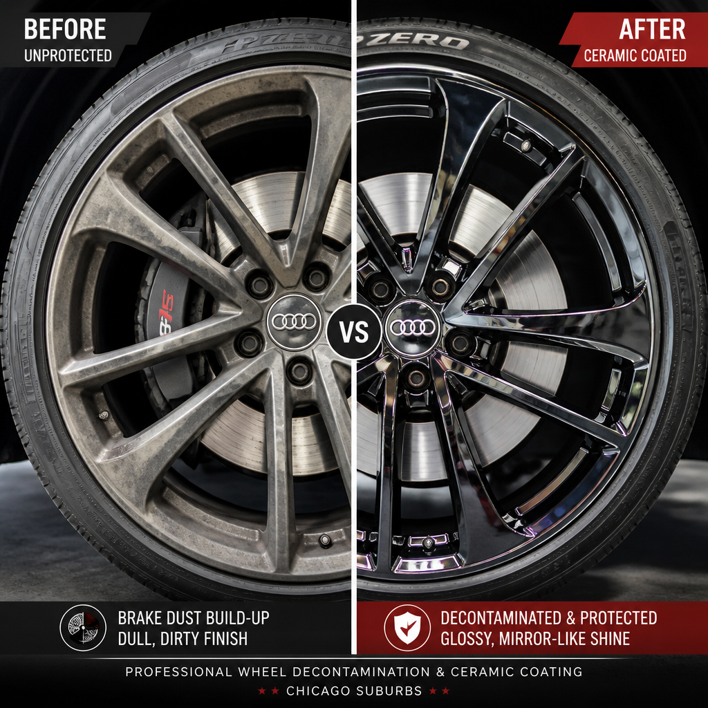Before and after wheel decontamination showing restored shine on luxury vehicle wheel