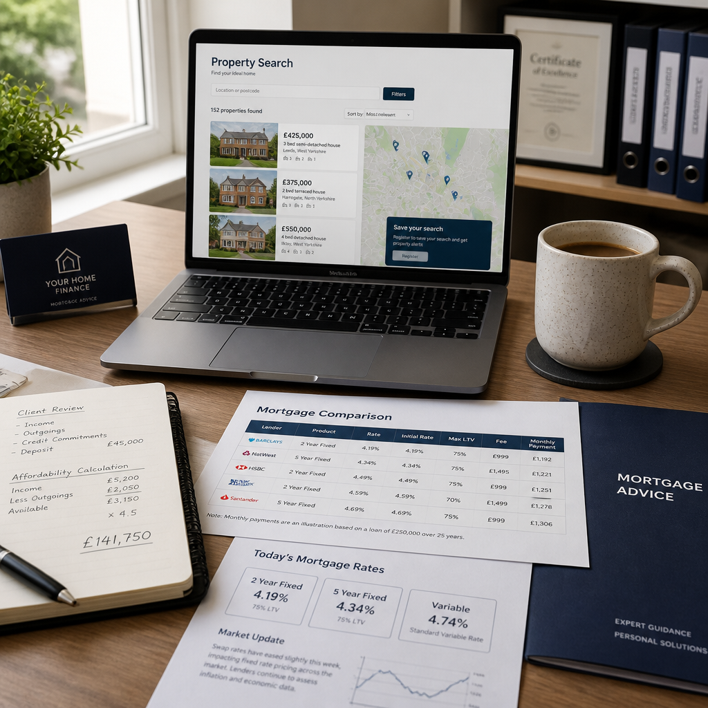 Mortgage advisor's workspace with comparison documents and laptop showing property search