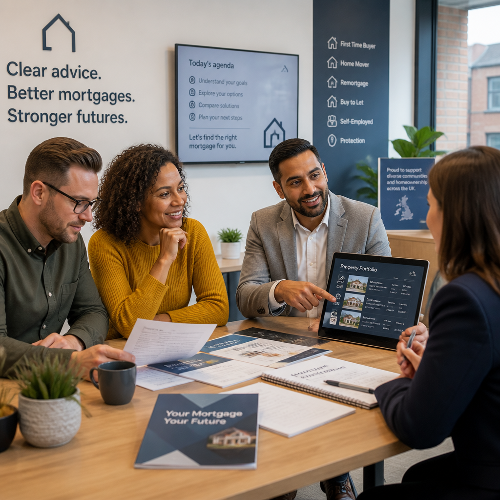 Multiple clients consulting with a mortgage advisor in a professional office setting
