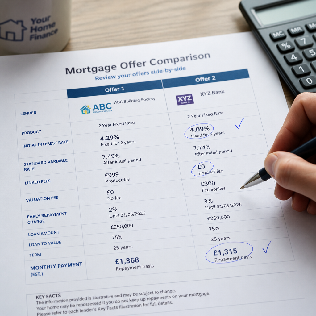 Detailed view of mortgage documents comparing different lender offers and rates