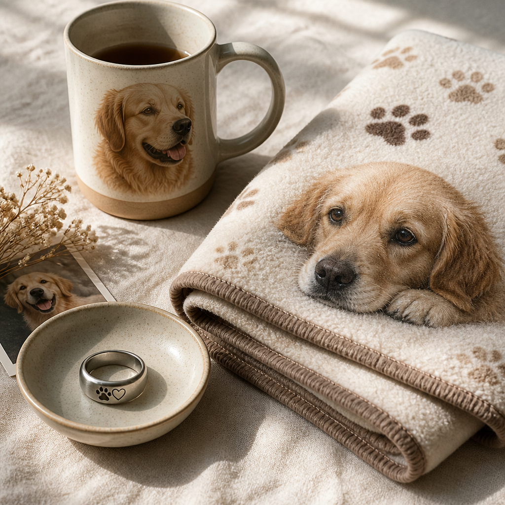 Pet memorial keepsakes including an engraved ring, custom ceramic mug, and personalized blanket arranged on neutral fabric