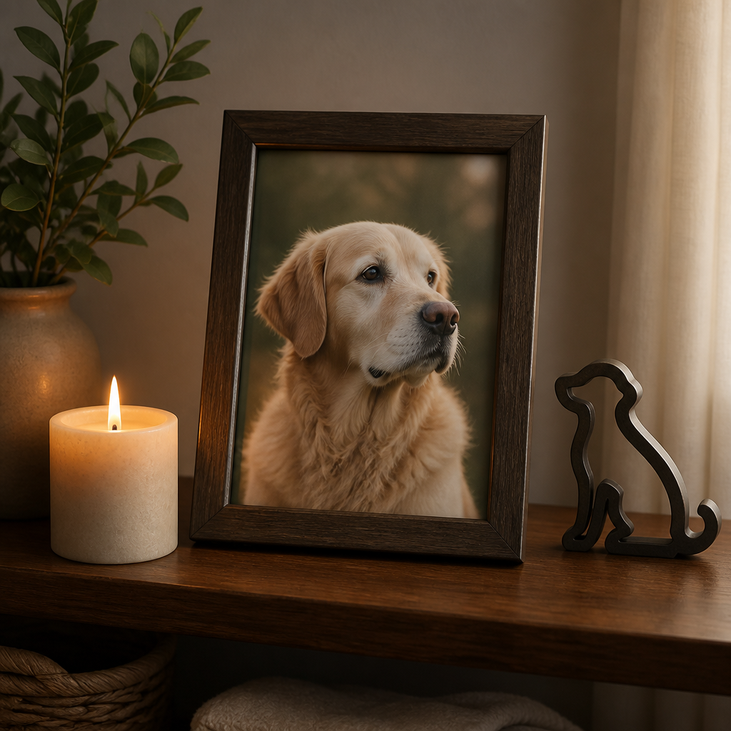 A home memorial space with candle, framed pet photo, plant, and decorative pet ornament on wooden shelf