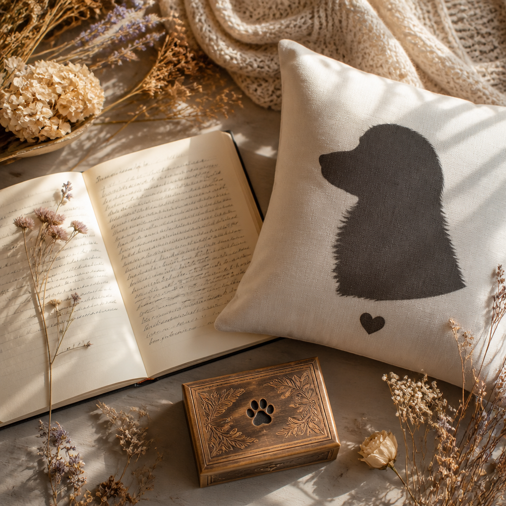 A journaling scene with handwritten letter, custom memorial pillow with pet silhouette, and engraved keepsake box