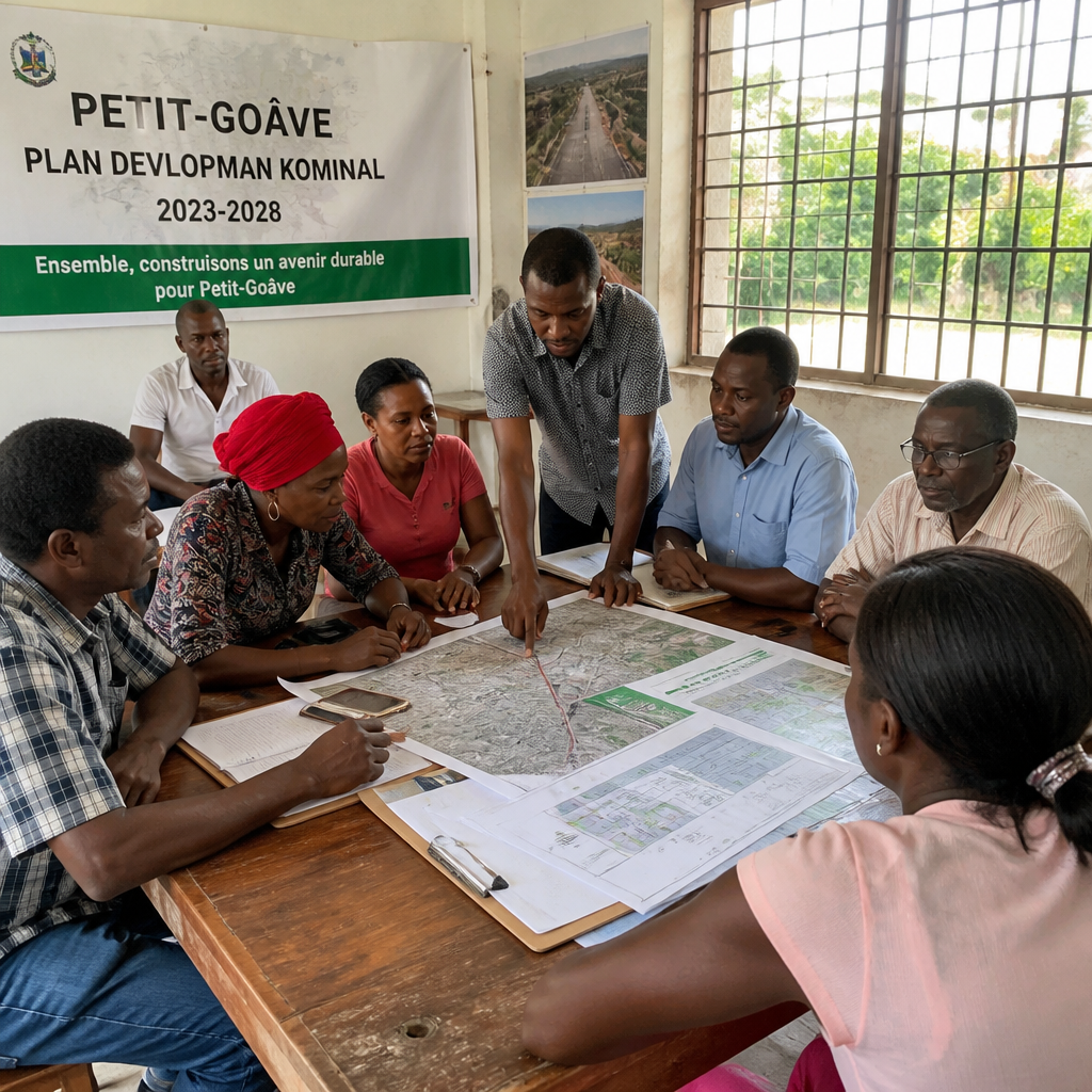 Haitian community leaders collaborating on sustainable development plans during a decision-making meeting
