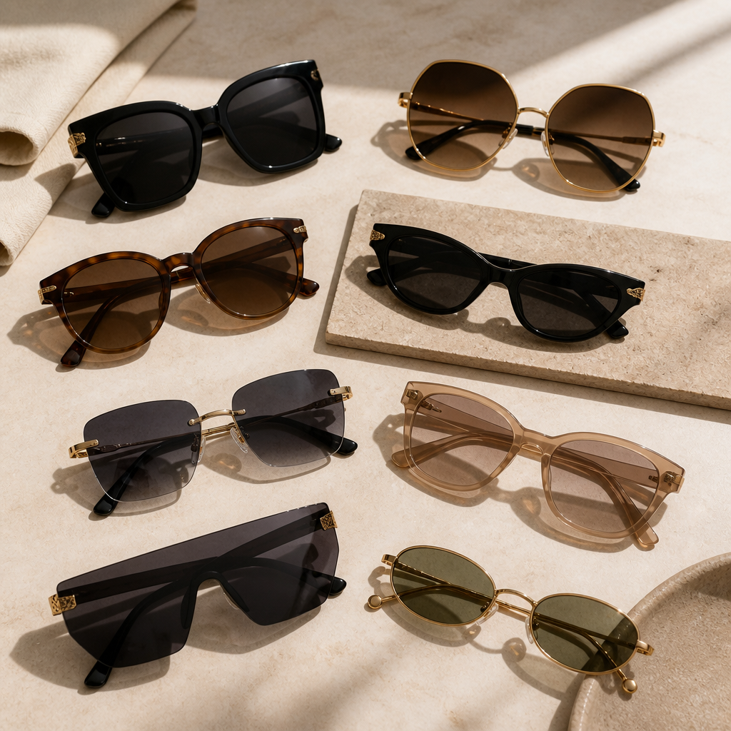 Curated collection of Dior sunglass styles arranged flat lay, showcasing diverse iconic designs