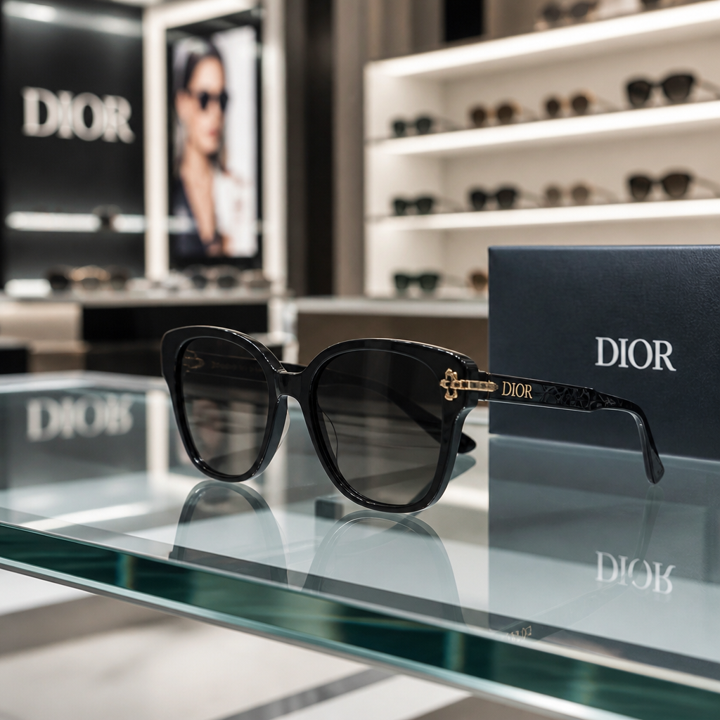 Dior sunglasses displayed on premium retail counter in luxury eyewear boutique