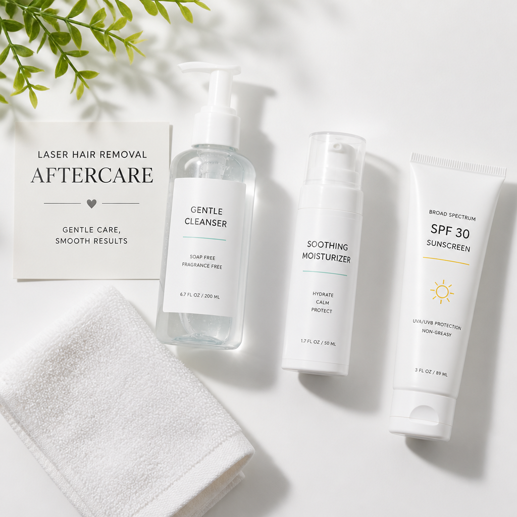 Laser hair removal aftercare products including cleanser, moisturizer, and sunscreen