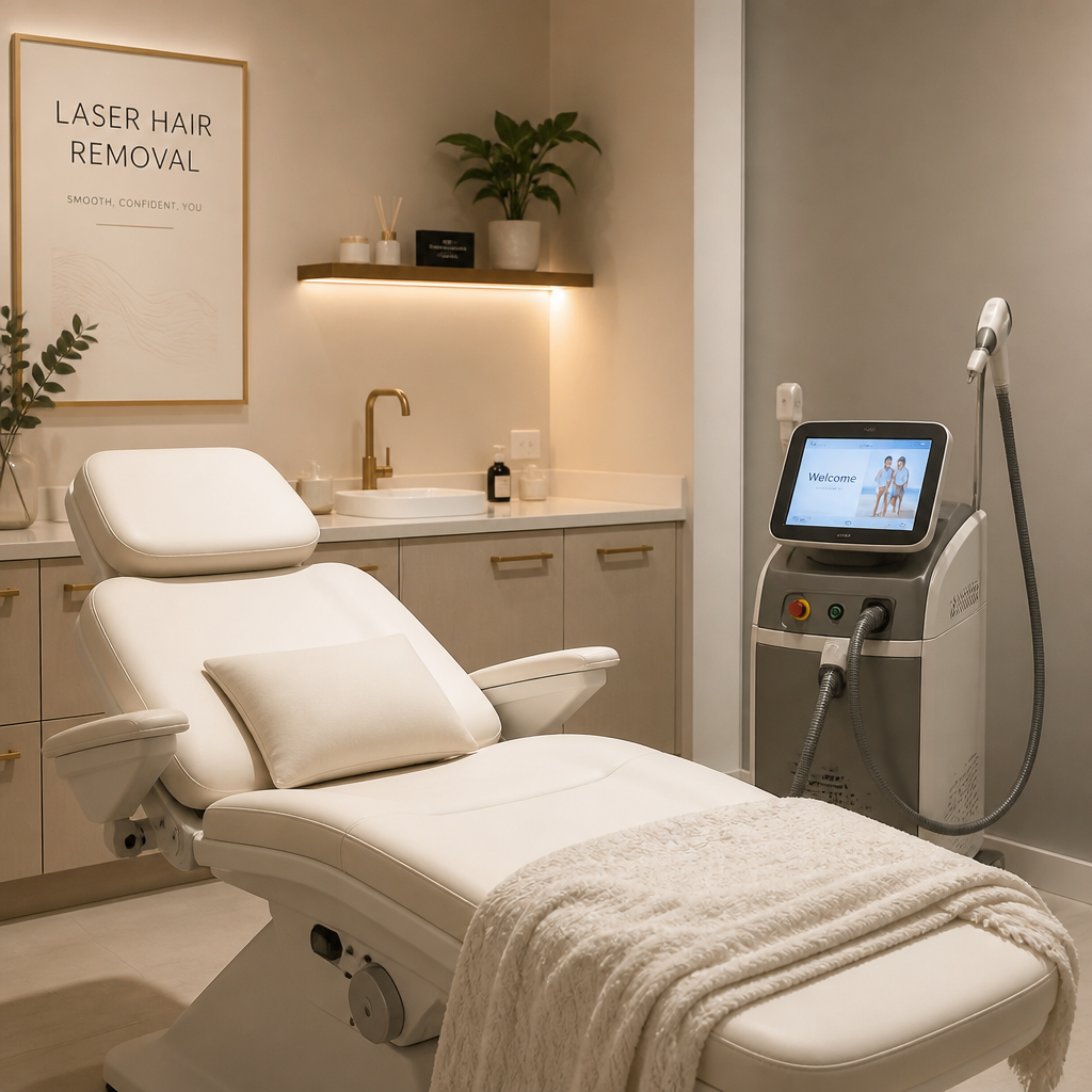 Professional laser hair removal treatment room at a modern clinic with comfortable setup