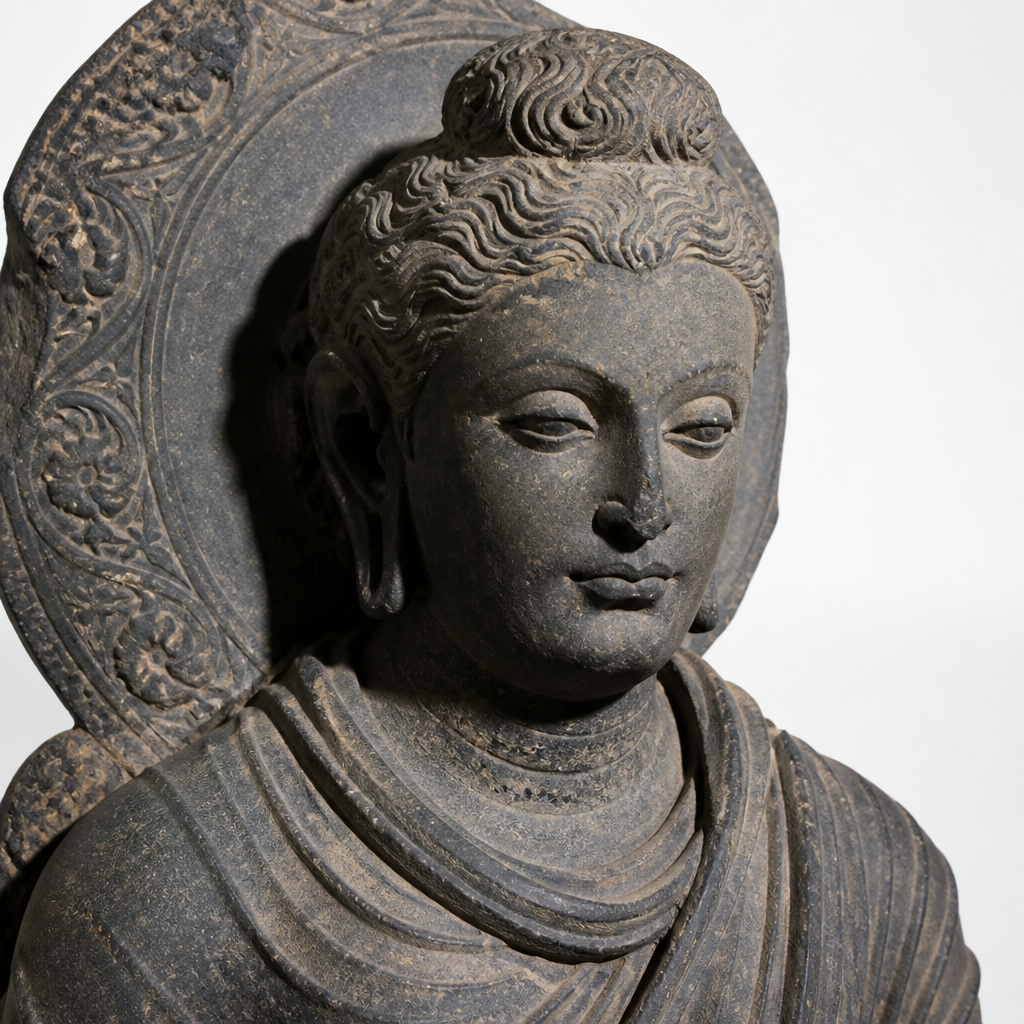 Gandhara grey schist Buddha sculpture showing Hellenistic influence and craftsmanship