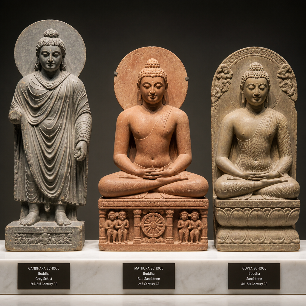 Comparative display of Gandhara, Mathura, and Gupta period Buddhist sculptures