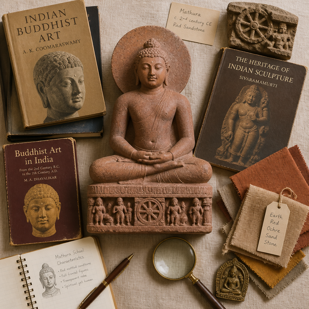Collector's study setup with Mathura Buddha sculpture and authentication reference materials