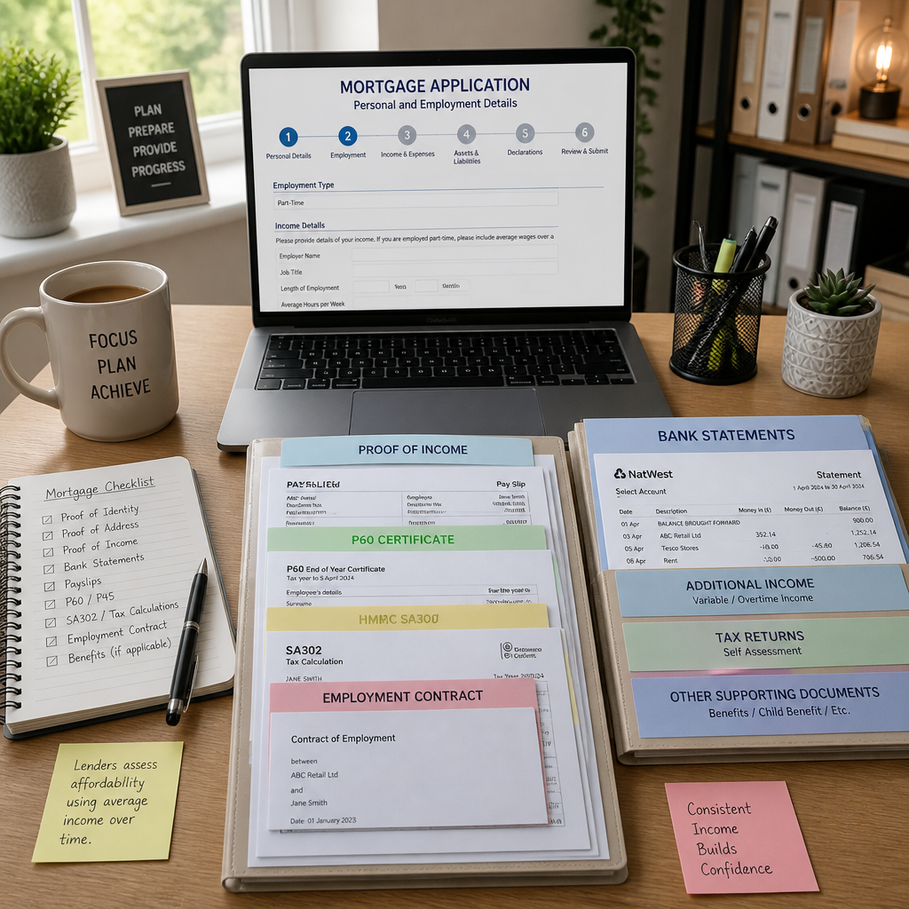 Part-time worker's desk with financial documents and mortgage application materials