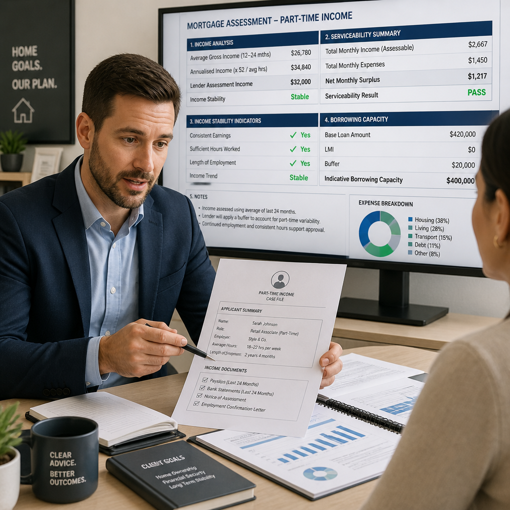 Mortgage advisor reviewing part-time income documentation and assessment materials