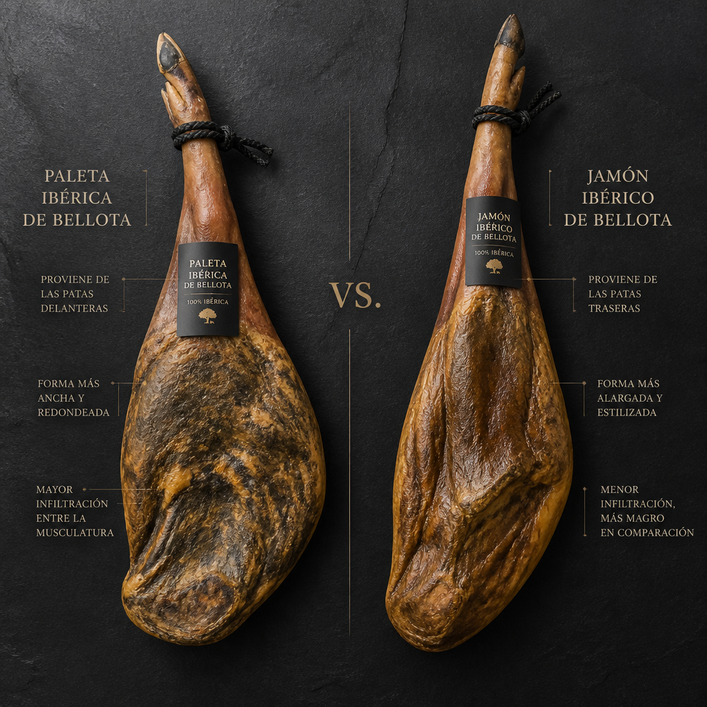 Comparación visual entre paleta y jamón ibérico mostrando sus formas diferenciadas