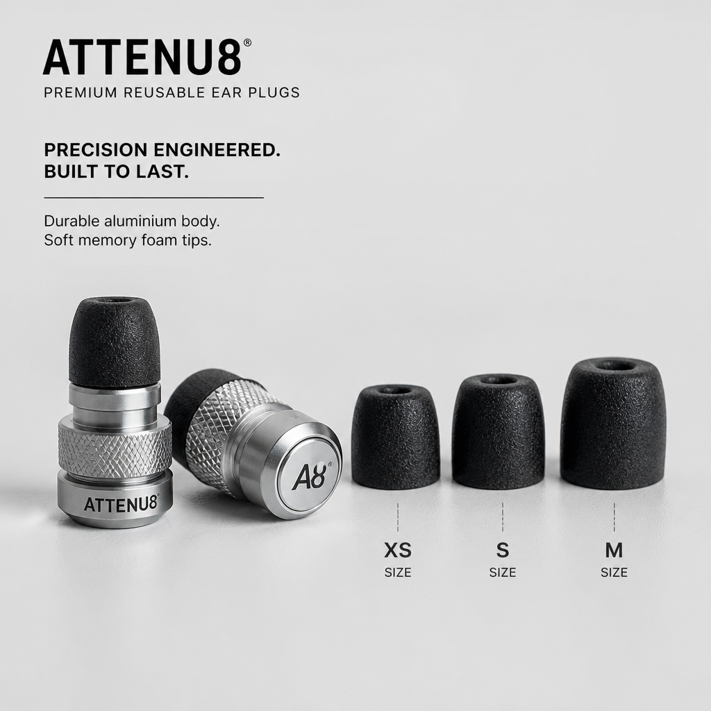 Premium metal ATTENU8 ear plugs displayed with three foam tip sizes