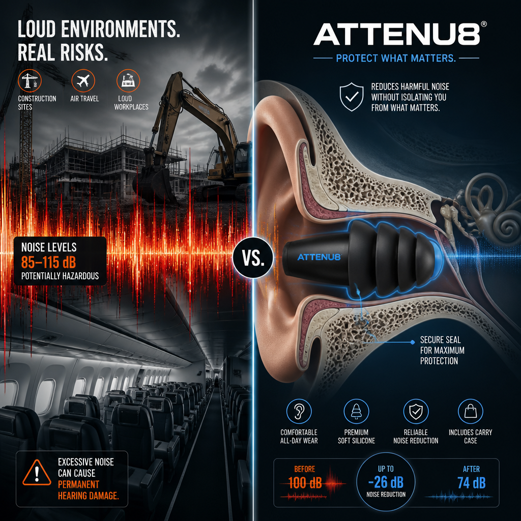 Visual representation of ATTENU8 ear plugs blocking noise with proper seal