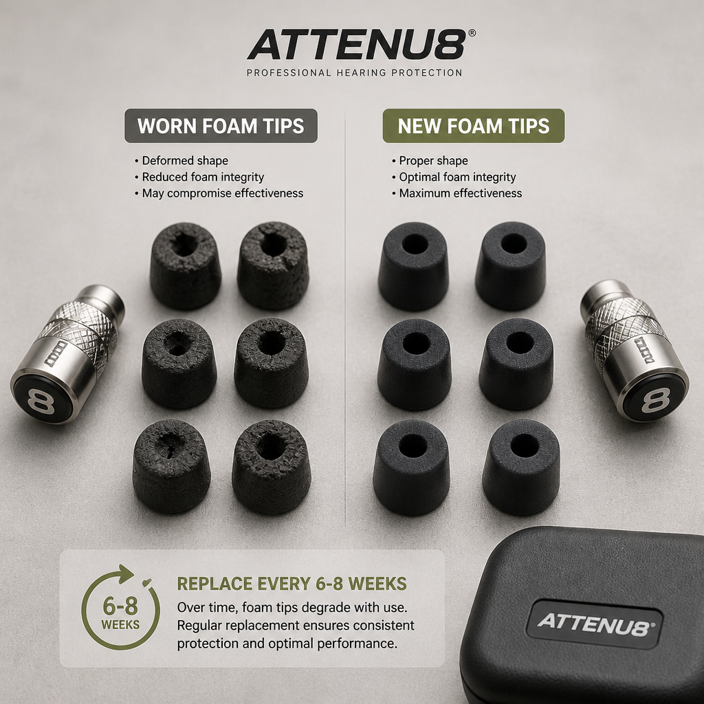Comparison of worn and new ATTENU8 foam ear plug tips showing wear patterns