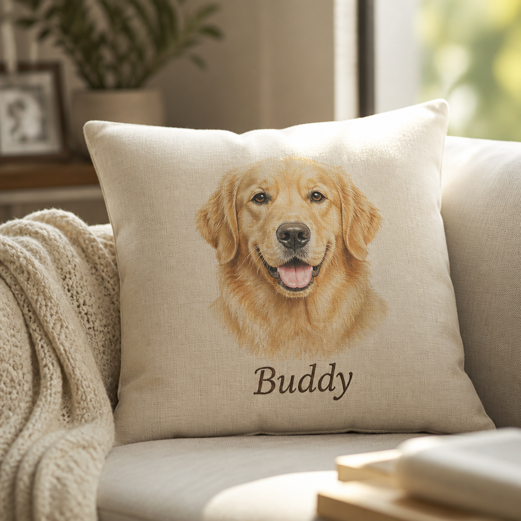 Custom pet memorial pillow with dog portrait displayed on a cozy sofa