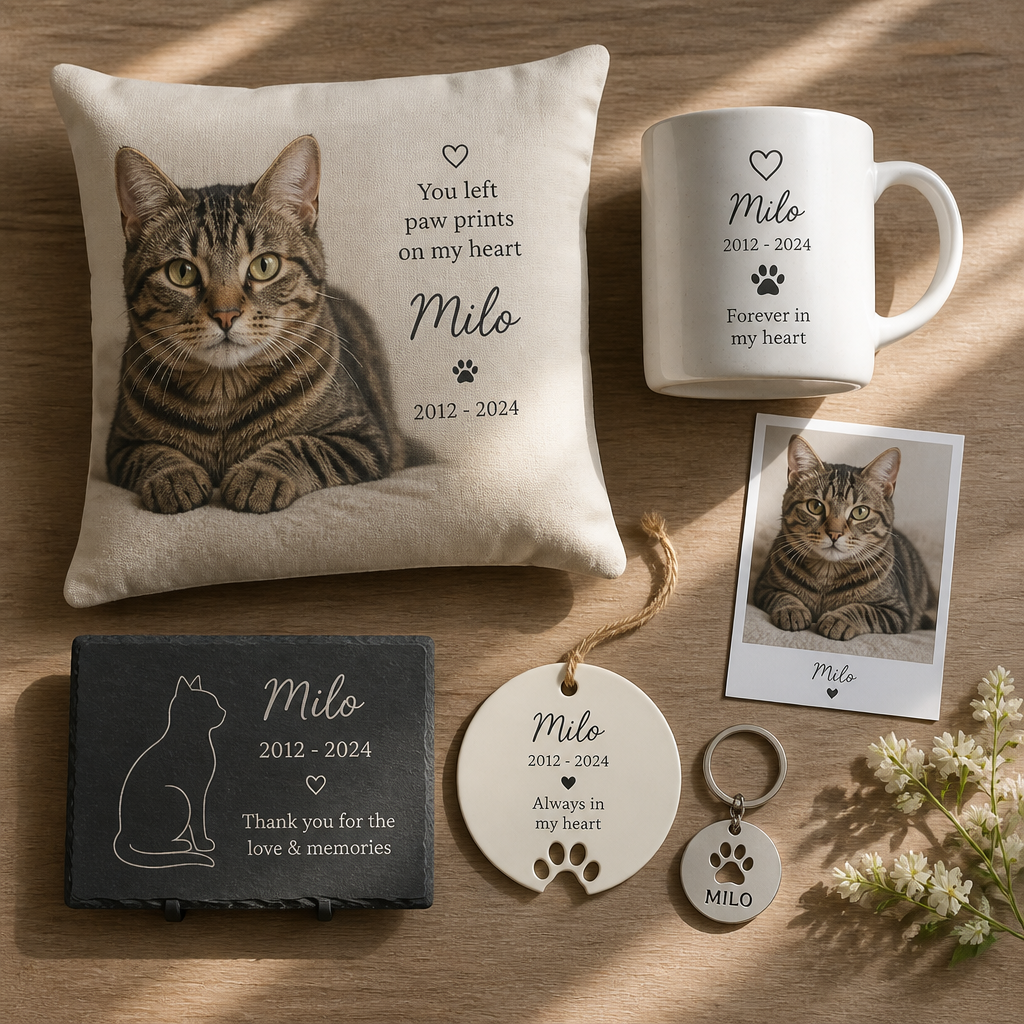 Collection of pet memorial products including custom pillow, mug, and print