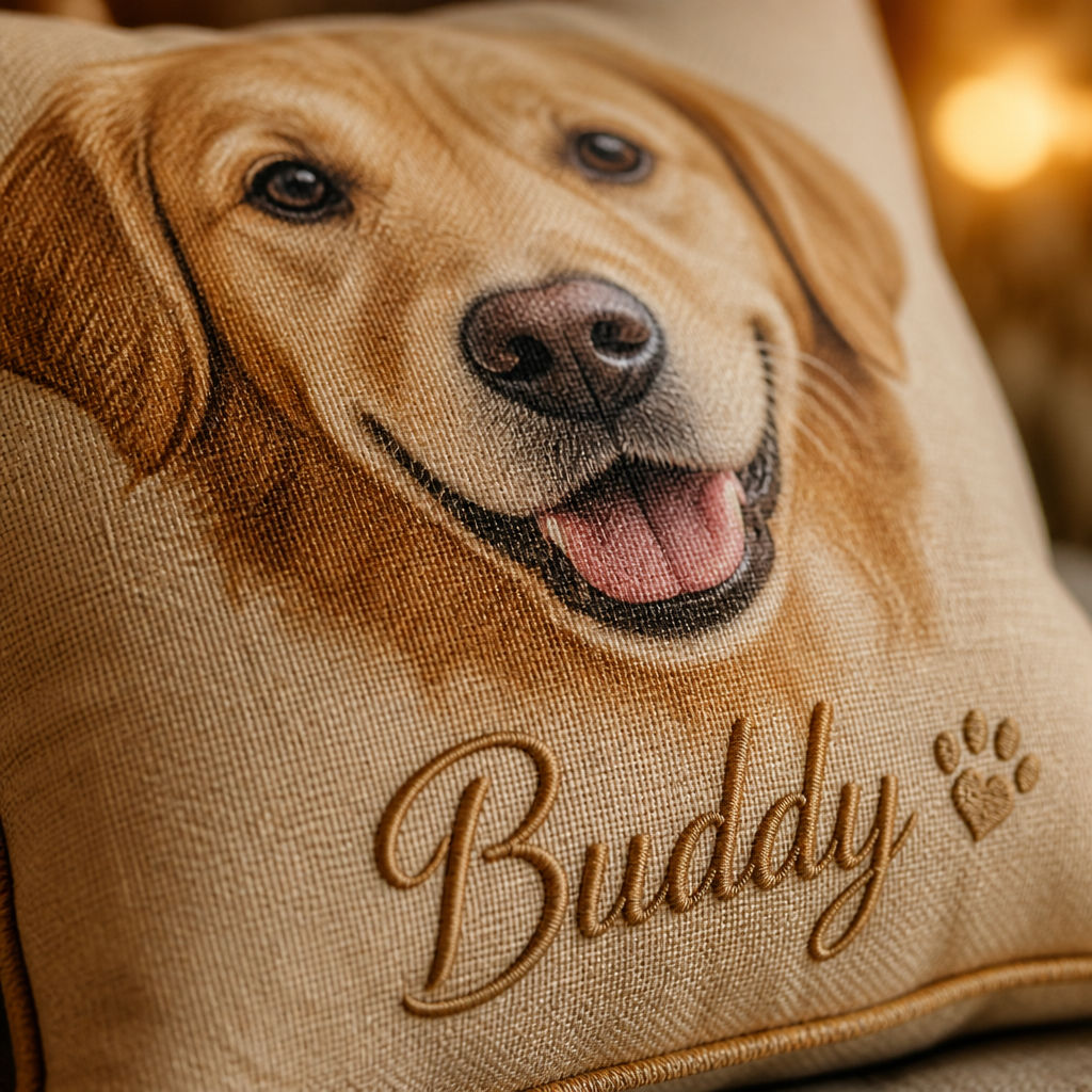 Detail view of custom pet memorial pillow showing photo print and embroidered name