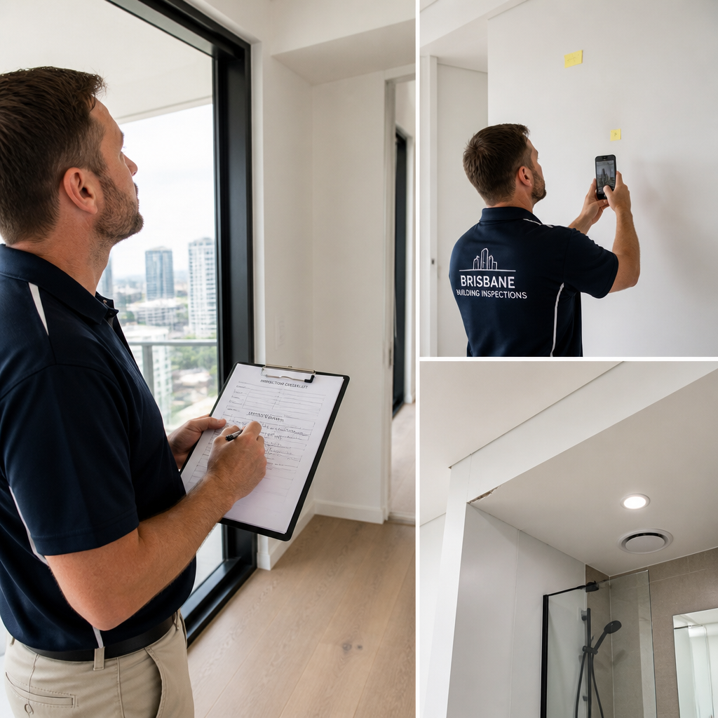 Professional home inspector examining apartment interior with clipboard during handover inspection