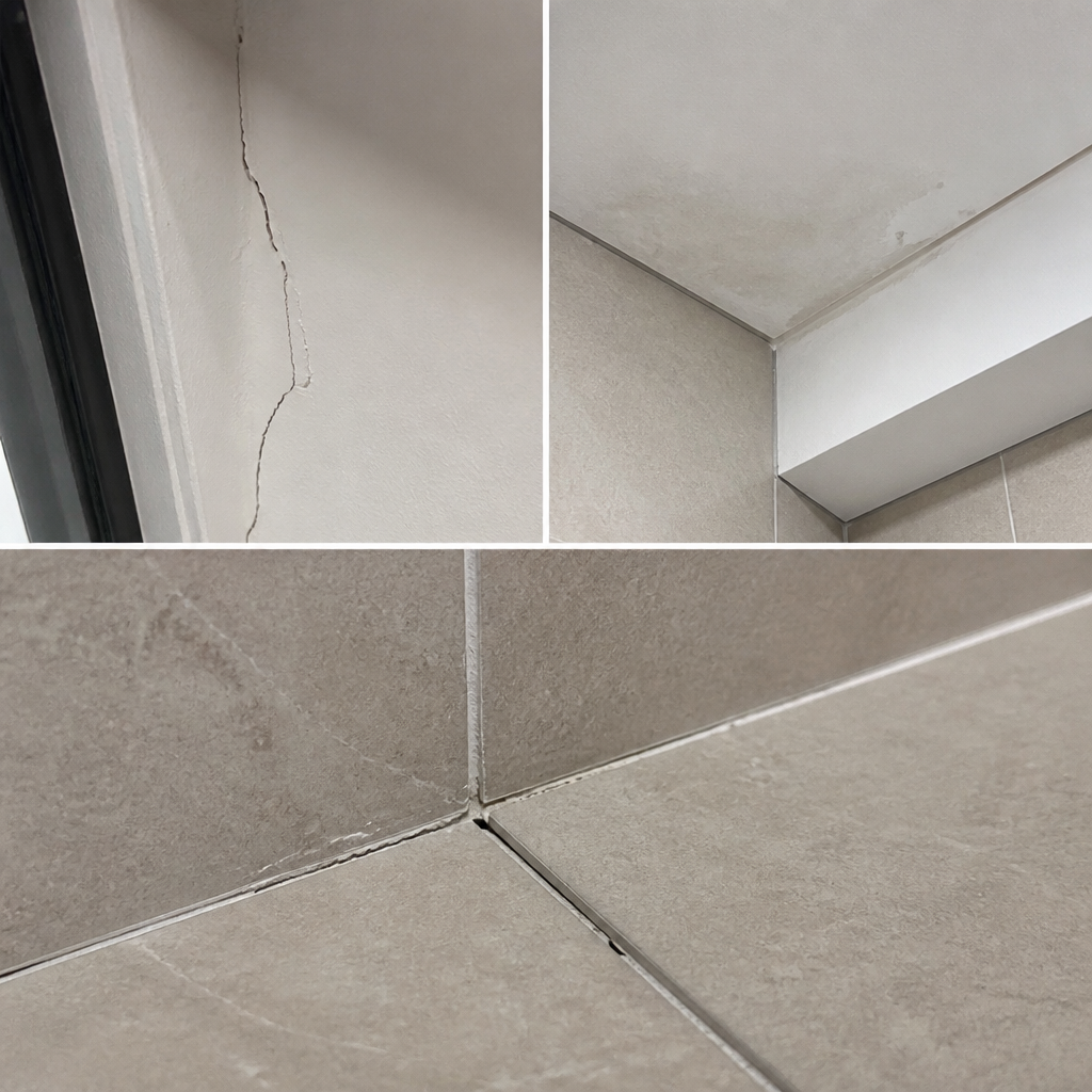 Common apartment defects including wall cracks and waterproofing issues visible during inspection
