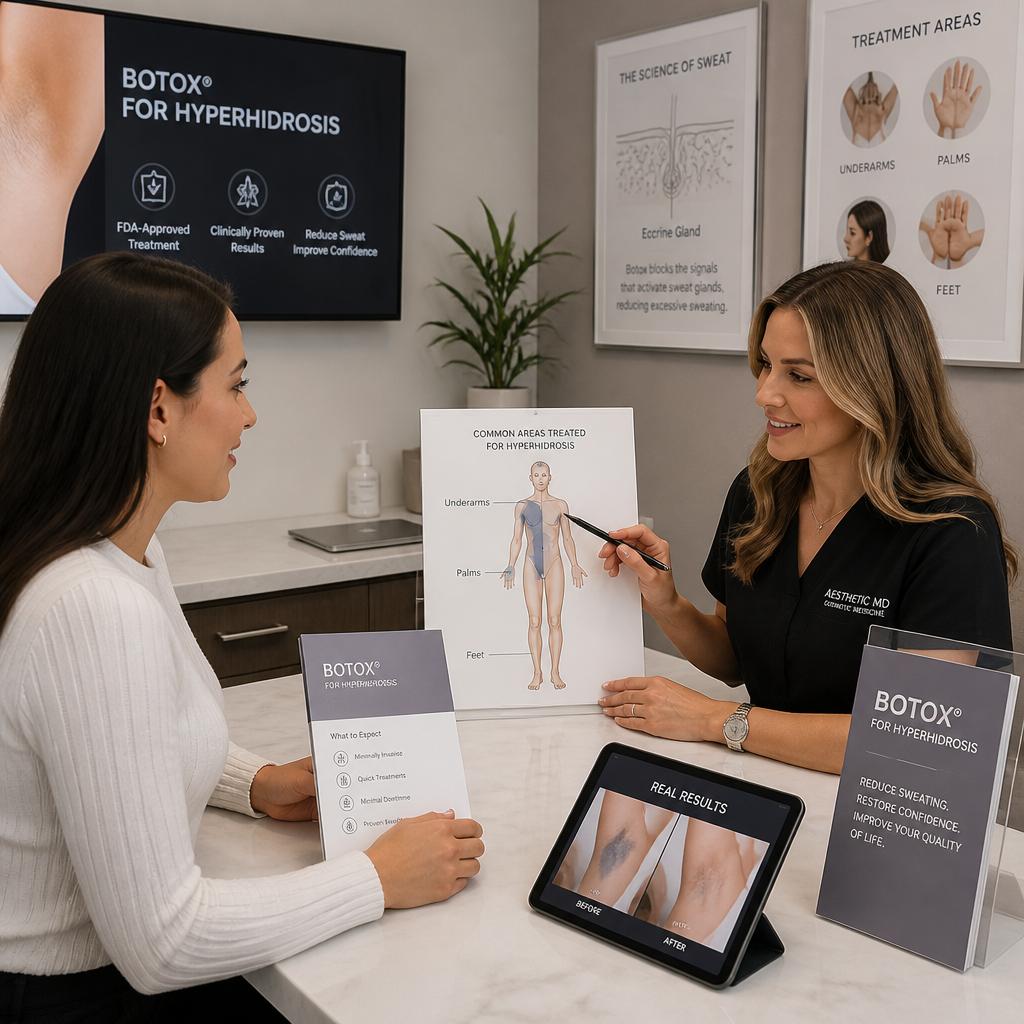 Medispa consultation discussing hyperhidrosis treatment options and expected results