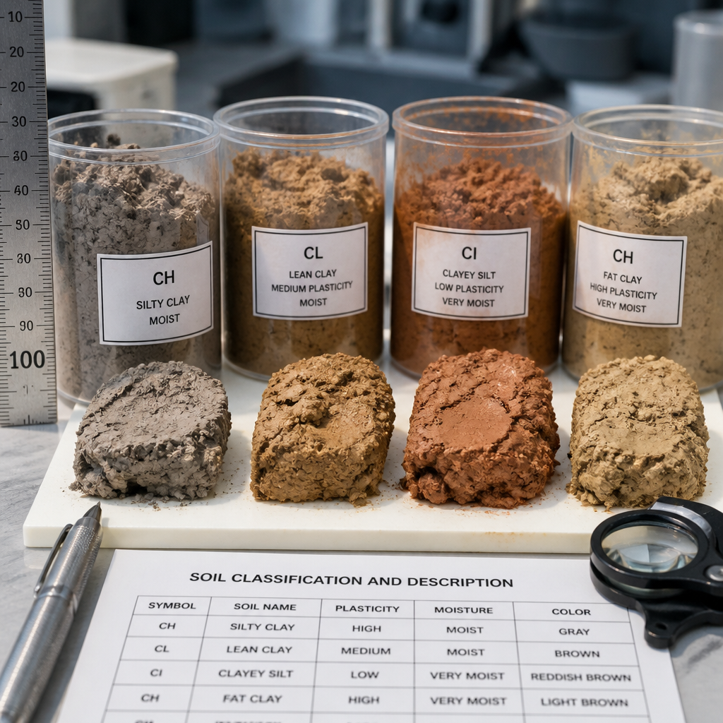 Échantillons d'argile analysés en laboratoire géotechnique montrant les variations de composition et d'humidité