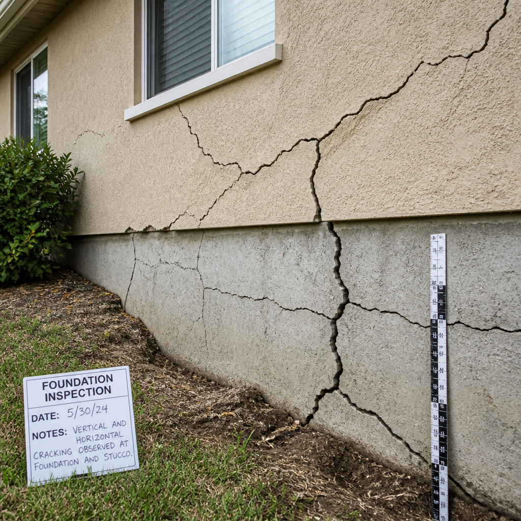 Inspection de fondation résidentielle révélant des fissures de retrait gonflement des argiles