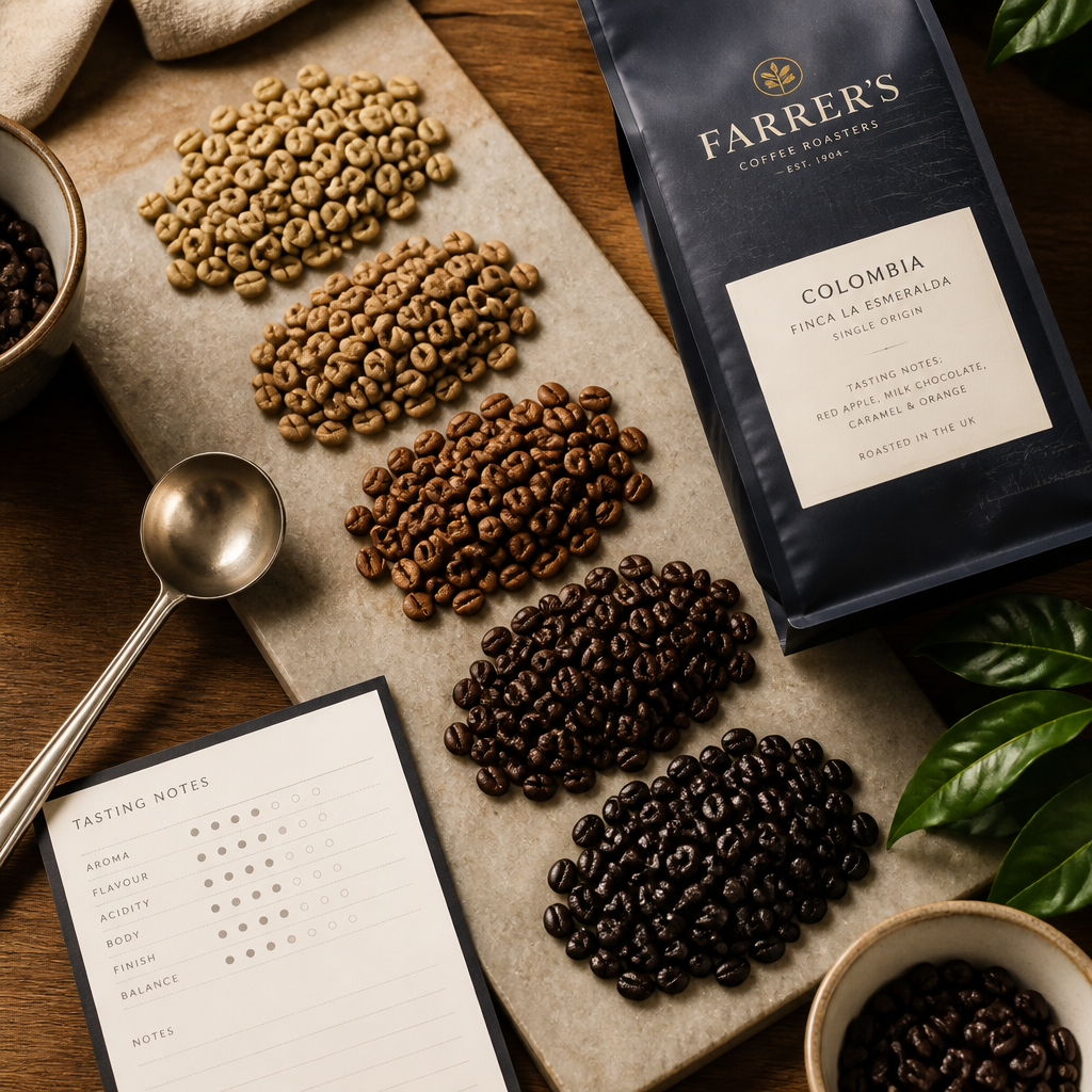 Farrer's coffee beans in varying roast levels arranged with tasting notes and cupping spoon