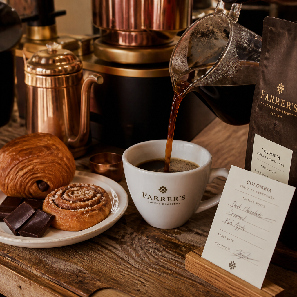 Farrer's specialty coffee served with pastries and chocolate in a roastery setting